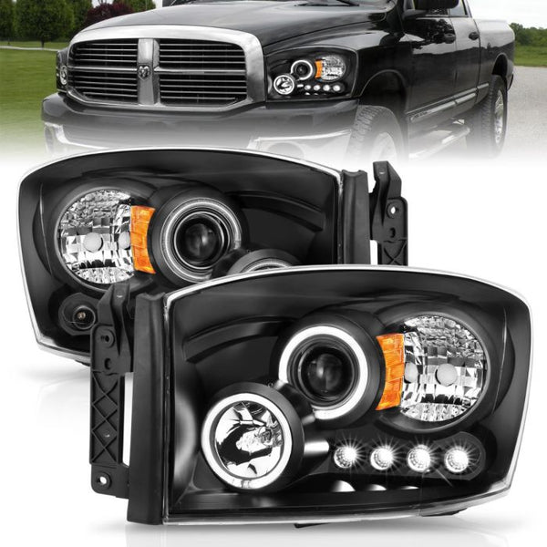 ANZO 2006-2008 Dodge Ram 1500 / 2006 - 2009 Ram 2500 / 3500 Projector Headlights w/ Halo Black