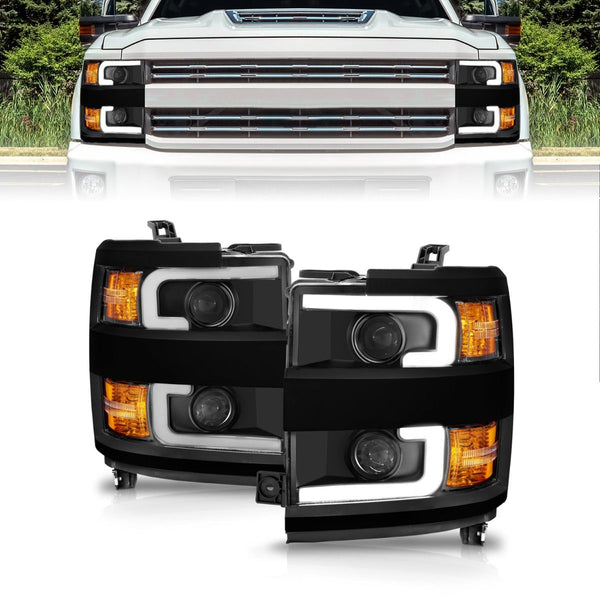 ANZO Projector Headlights With Plank Style Design Black w/Amber 2015 - 2019 Chevrolet Silverado 2500/3500 HD