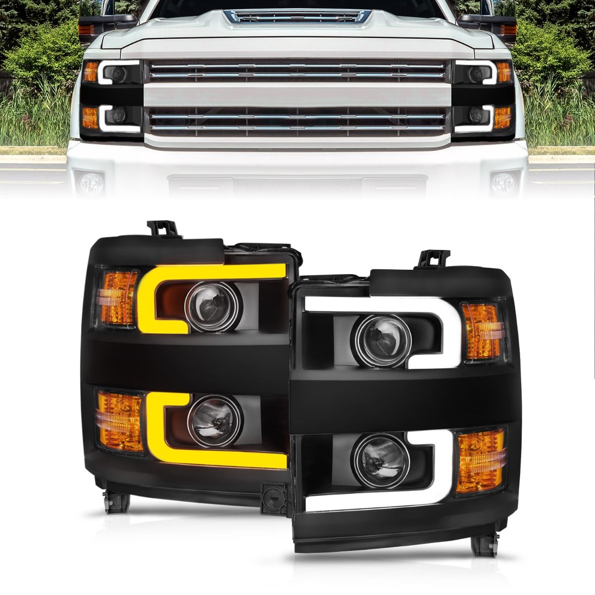 ANZO Projector Headlights 2015 - 2019 Chevrolet Silverado 2500HD / 3500HD Black w/ Black Rim