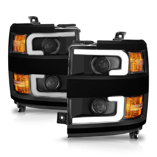 ANZO Projector Headlights With Plank Style Design Black w/Amber 2015 - 2019 Chevrolet Silverado 2500/3500 HD