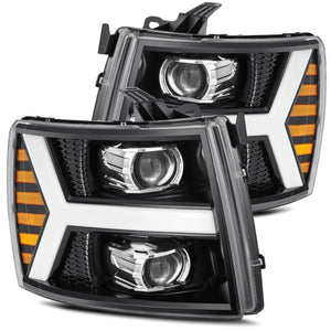 AlphaRex 2007 - 2013 Chevy 1500 LUXX LED Proj Headlights Plank Style Jet Blk w/ Activ Light/Seq Signal/DRL