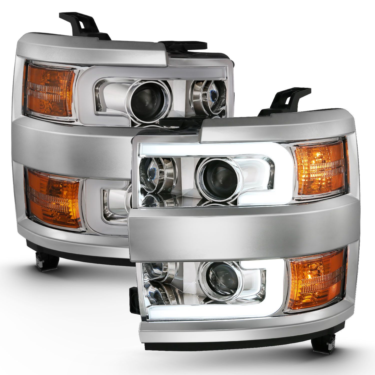 ANZO 2015-2019 Chevrolet Silverado 2500HD/3500HD Projector Headlights w/ Plank Style Design Chrome w/ Amber