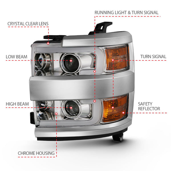 ANZO 2015-2019 Chevrolet Silverado 2500HD/3500HD Projector Headlights w/ Plank Style Design Chrome w/ Amber