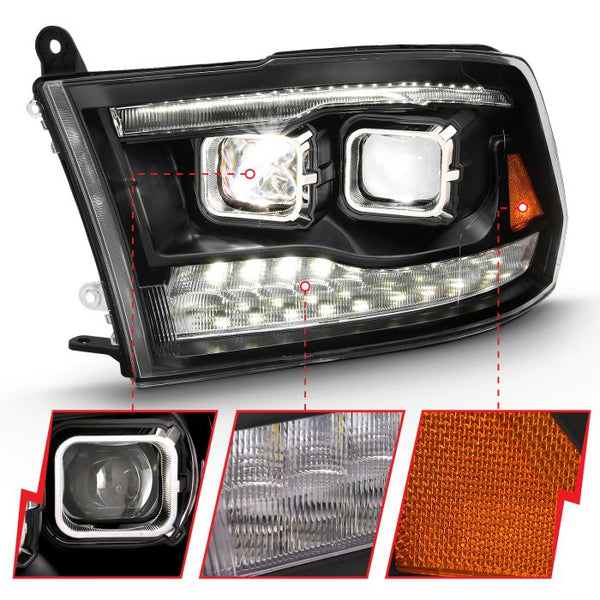 ANZO 2009-2018 Dodge Ram 1500 / Ram 2500 / 3500 2010 - 2018 Led Projector Plank Style Switchback H.L Halo Black Amber (OE Style)