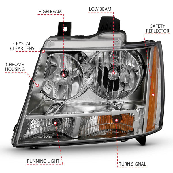 ANZO 2007-2014 Chevy Tahoe / Suburban / 2007 - 2013 Avalanche Crystal Headlight Chrome Amber(OE)