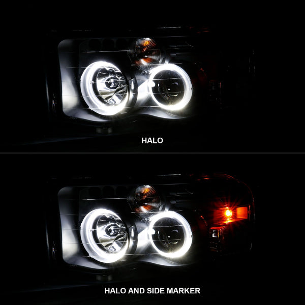 ANZO 2002-2005 Dodge Ram 1500 / 2003 - 2005 Ram 2500 / 3500 Projector Headlights w/ Halo Black Clear Amber