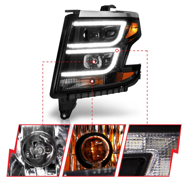 ANZO 2015-2020 Chevy Tahoe / Suburban Projector Headlights Plank Style Black w/DRL