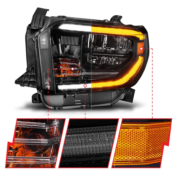 ANZO 2014 - 2021 Toyota Tundra (OE Halogen w/LED DRL) LED Crystal Headlights w/ Switchback &amp; DRL - Blk