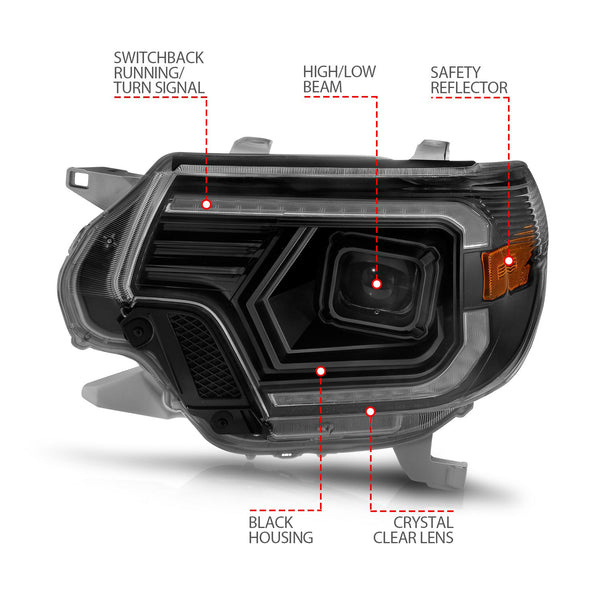 ANZO 2012 - 2015 Toyota Tacoma Projector Headlights - w/ Light Bar Switchback Black Housing