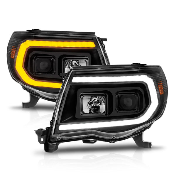 ANZO 2005 - 2011 Toyota Tacoma Projector Headlights w/Light Bar Switchback Black Housing