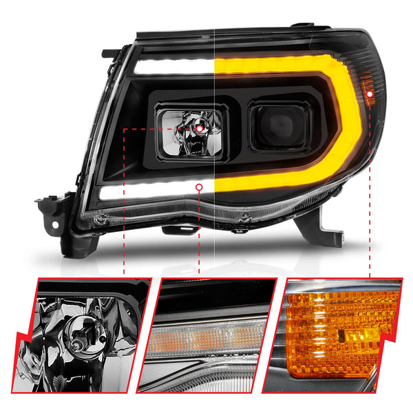 ANZO 2005 - 2011 Toyota Tacoma Projector Headlights w/Light Bar Switchback Black Housing