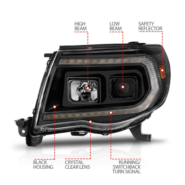 ANZO 2005 - 2011 Toyota Tacoma Projector Headlights w/Light Bar Switchback Black Housing