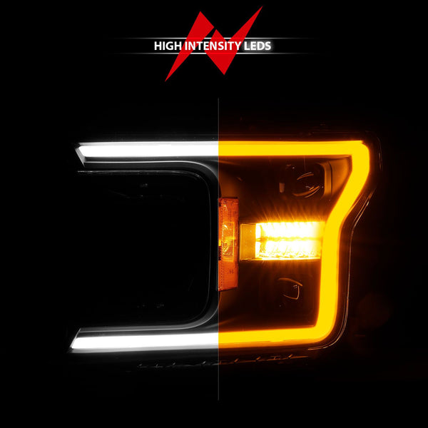 ANZO 2018 - 2020 Ford F-150 (w/o Fctry LED) Full LED Proj Headlights w/Light Bar Swtchbk Seq. Black w/Init