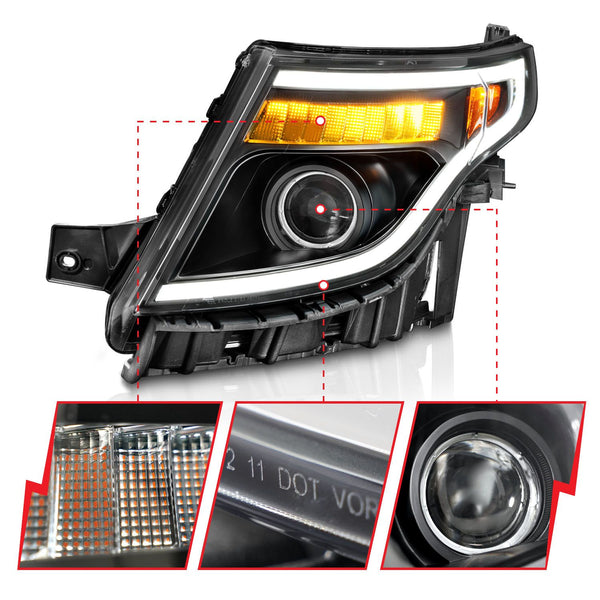 ANZO 2011 - 2015 Ford Explorer (w/Factory Halogen HL Only) Projector Headlights w/Light Bar Black Housing