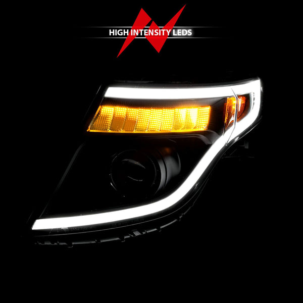 ANZO 2011 - 2015 Ford Explorer (w/Factory Halogen HL Only) Projector Headlights w/Light Bar Black Housing