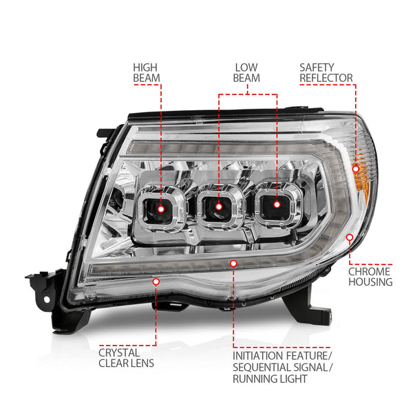 ANZO 2005 - 2011 Toyota Tacoma LED Projector Headlights w/Light Bar Switchback Seq. Chrome w/Initiation Light