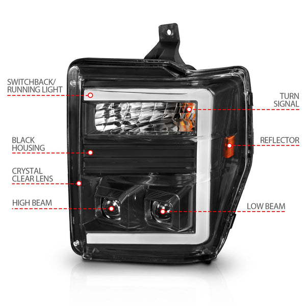 ANZO 2008 - 2010 Ford F-250 - F-550 Super Duty Projector Headlights w/ Light Bar Switchback Black Housing