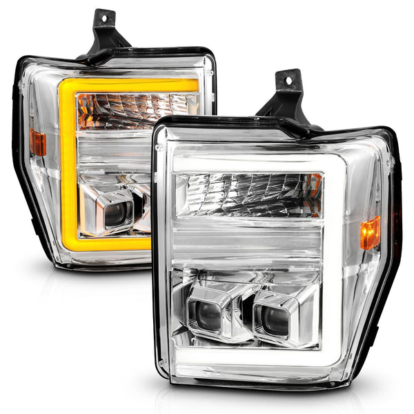 ANZO 2008 - 2010 Ford F-250 - F-550 Super Duty Projector Headlights w/ Light Bar Switchback Chrome Housing