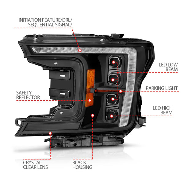 ANZO 2018 - 2020 Ford F-150 (w/Factory Halogen) Z-Series Full LED Projection Headlights Init/SeqSig - Pair