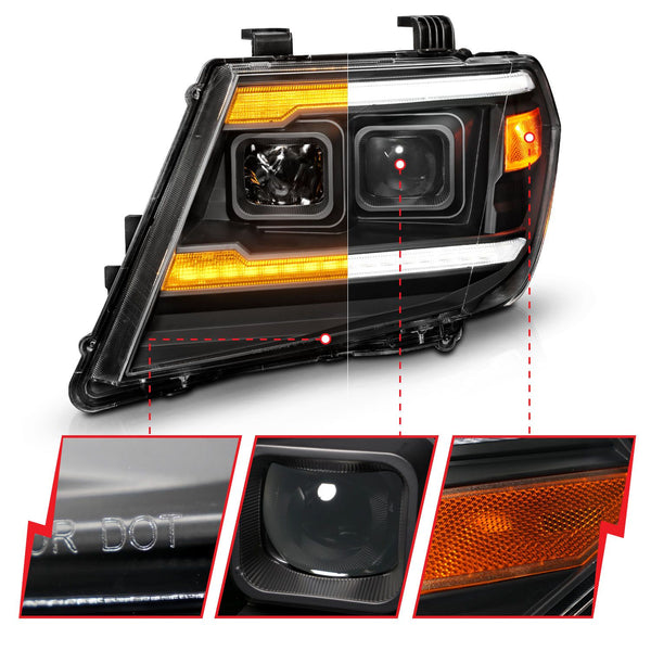 ANZO 2009 - 2021 Nissan Frontier Black Projector Plank Style DRL w/ Switchback & Sequential LED DRL