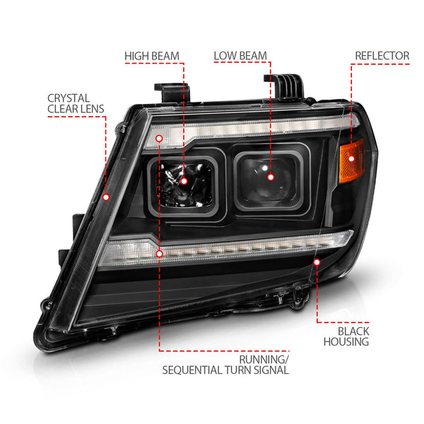 ANZO 2009 - 2021 Nissan Frontier Black Projector Plank Style DRL w/ Switchback & Sequential LED DRL