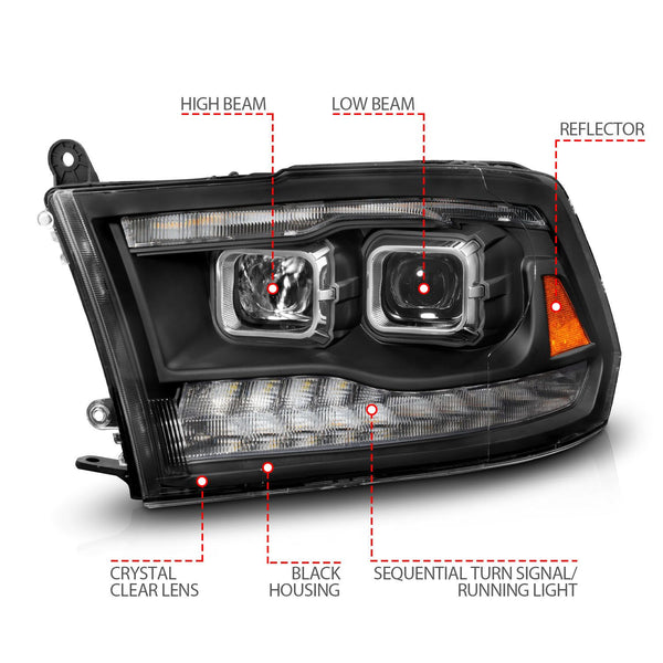 ANZO 2009 - 2018 Dodge Ram 1500/2500/3500 Projector Headlights Switchback + Sequential - Black Amber