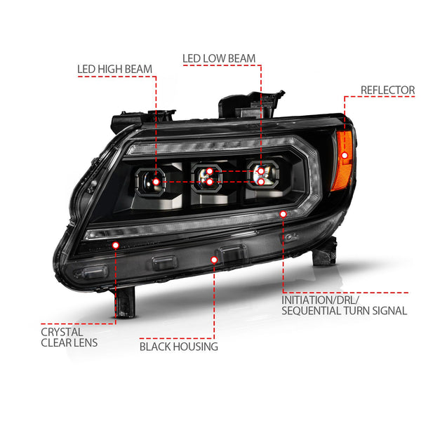 ANZO 2015 - 2022 Chevy Colorado Blk Housing Full LED DRL Projector Headlight w/ Sequential Light Bar