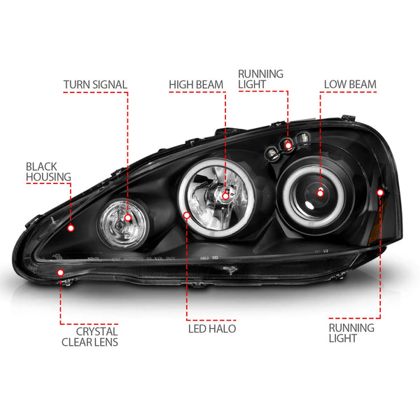 ANZO 2005-2006 Acura Rsx Projector Headlights w/ Halo Black