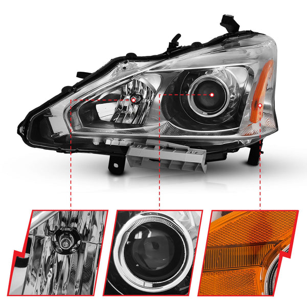 ANZO 2013-2015 Nissan Altima Projector Headlight Chrome Amber