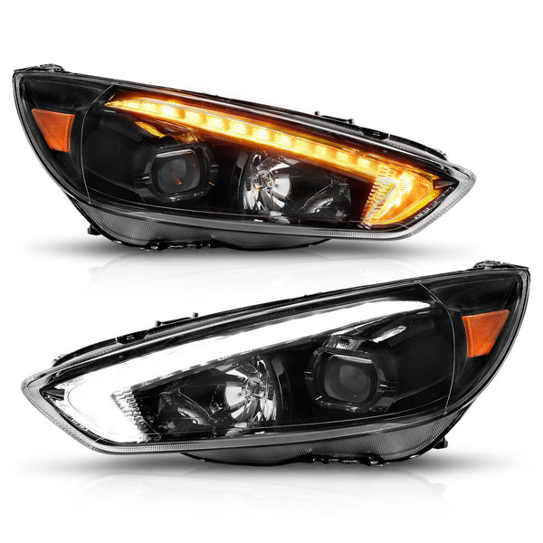 ANZO 2015 - 2018 Ford Focus Projector Headlights - w/ Light Bar Switchback Black Housing