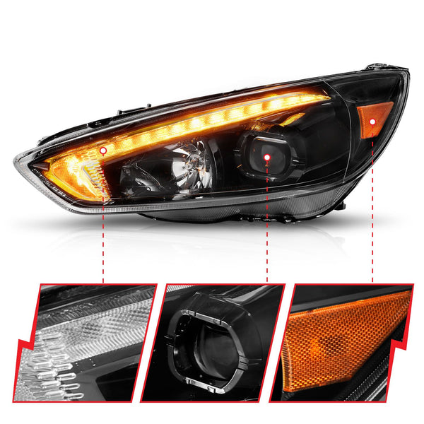 ANZO 2015 - 2018 Ford Focus Projector Headlights - w/ Light Bar Switchback Black Housing