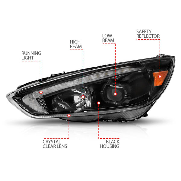 ANZO 2015 - 2018 Ford Focus Projector Headlights - w/ Light Bar Switchback Black Housing