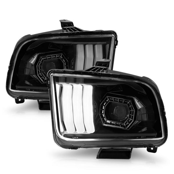 ANZO 2005 - 2009 Ford Mustang (w/Factory Halogen HL Only) Projector Headlights w/Light Bar Black Housing