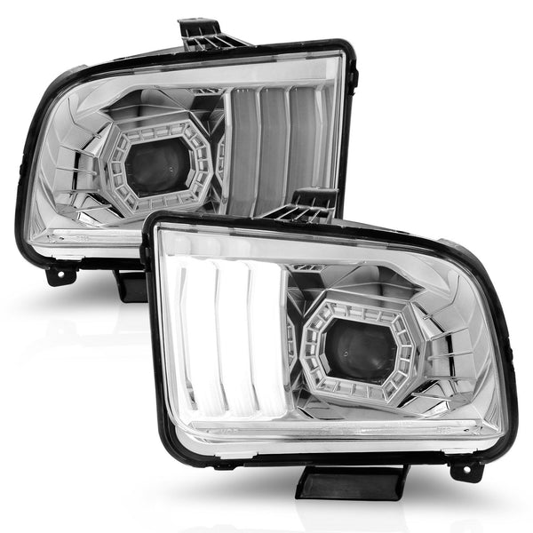 ANZO 2005 - 2009  Ford Mustang (w/Factory Halogen HL Only) Projector Headlights w/Light Bar Chrome Housing