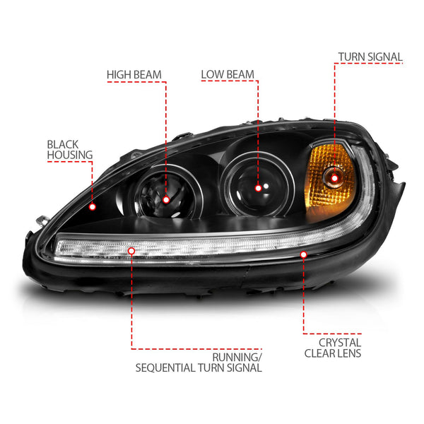 ANZO 2005 - 2013 Chevrolet Corvette C6 Projector Headlights w/switchback & Sequential LED - Black Amber