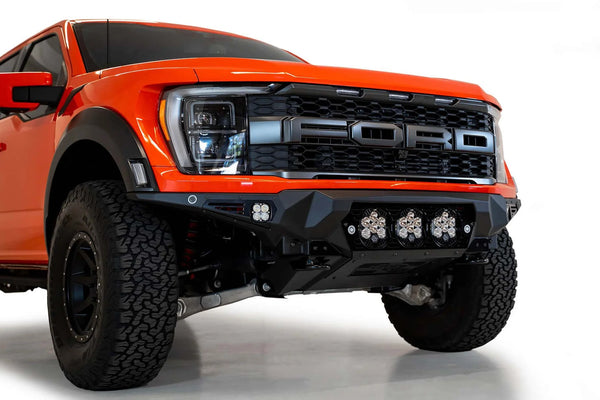 Addictive Desert Designs 2021+ Ford F-150 Raptor Bomber Front Bumper w/ 3 Baja Designs LP6 Light Mounts