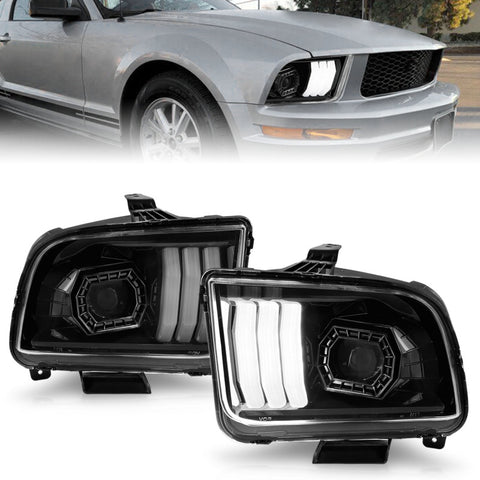 ANZO 2005 - 2009 Ford Mustang (w/Factory Halogen HL Only) Projector Headlights w/Light Bar Black Housing