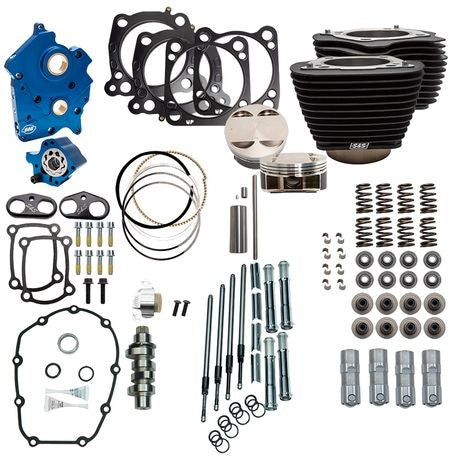 S&S Cycle Power Package - 128 CI Oil Cooled, Chain Drive, w/ Non-Highlighted Fins and Chrome Pushrod Tubes, Wrinkle Black, Harley Davidson 2017 + M8 114" Models