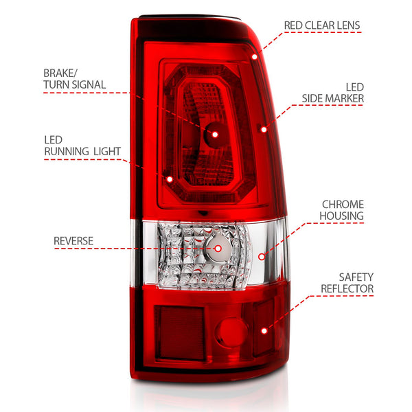ANZO 1999-2002 Chevy Silverado 1500 / 2500 / 3500 / 1999 - 2006 Sierra 1500 / 2500 LED Taillights Plank Style Chrome With Red/Clear Lens