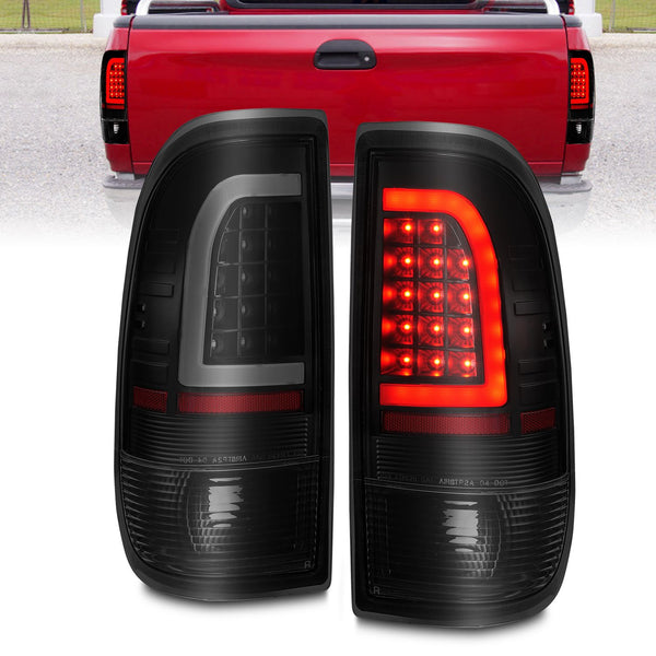 ANZO 1997-2003 Ford F-150 / 1999 - 2007 F250 F350 LED Tail Lights w/ Light Bar Black Housing Smoke Lens