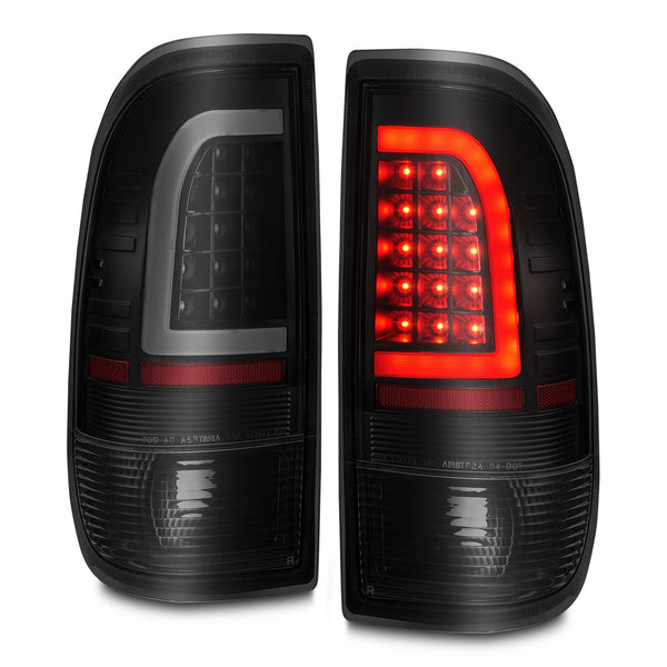 ANZO 1997-2003 Ford F-150 / 1999 - 2007 F250 F350 LED Tail Lights w/ Light Bar Black Housing Smoke Lens