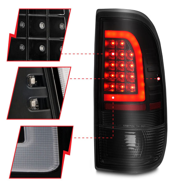 ANZO 1997-2003 Ford F-150 / 1999 - 2007 F250 F350 LED Tail Lights w/ Light Bar Black Housing Smoke Lens