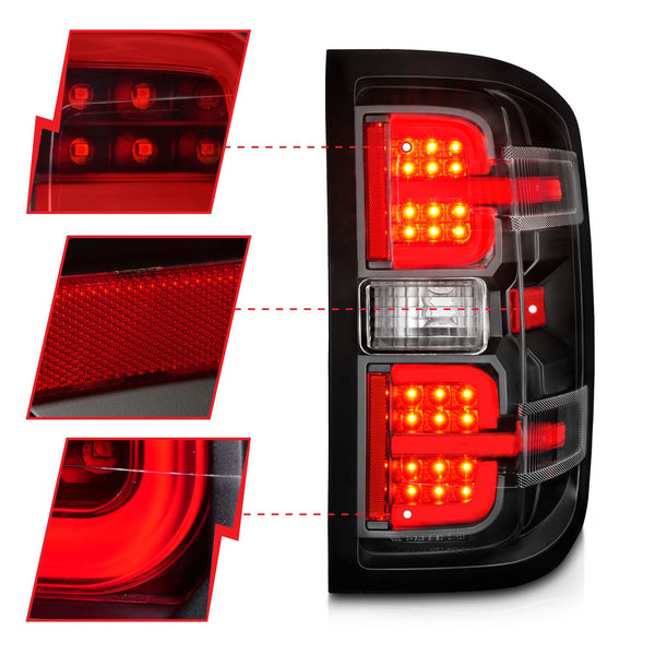 ANZO 2015 - 2019 Chevy Silverado 2500HD/3500HD (Halogen Only) / 2014 - 2018 Silverado 1500 LED Tail Lights w/Black Light Bar & Clear Lens