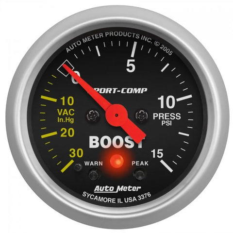 Autometer Sport-Comp 52mm Electronic Full Sweep 30 In Hg.-Vac./15 PSI Boost Gauge