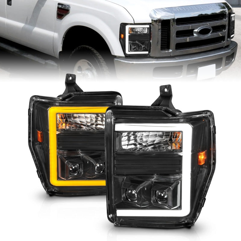 ANZO 2008 - 2010 Ford F-250 - F-550 Super Duty Projector Headlights w/ Light Bar Switchback Black Housing