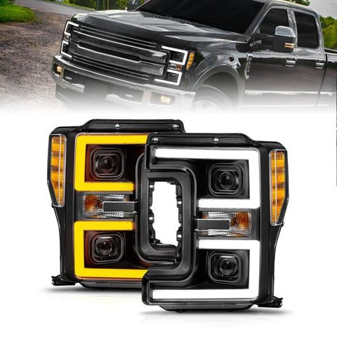 ANZO 2017 - 2019 Ford F-250/350/450 SD (w/o Factory LED) LED Proj Headlights w/Light Bar Switchback Blk