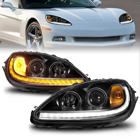 ANZO 2005 - 2013 Chevrolet Corvette C6 Projector Headlights w/switchback & Sequential LED - Black Amber