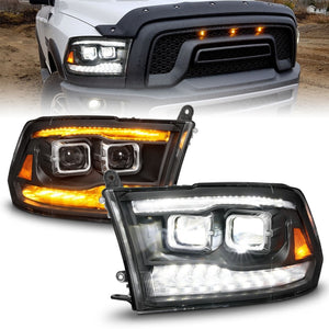 ANZO 2009 - 2018 Dodge Ram 1500/2500/3500 Full LED Proj Headlights w/Switchback Light Bar - Black