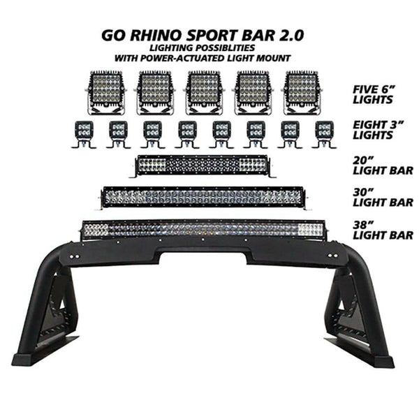 Go Rhino 2014 - 2019 Chevy Silverado / Sierra 1500/2500/3500 / 2015 + Ford F-150 / 2007 + Toyota Tundra / 2009 + Ram 1500/2500/3500 Sport Bar 2.0 Complete Kit w/Sport Bar+Retractable Light Mnt