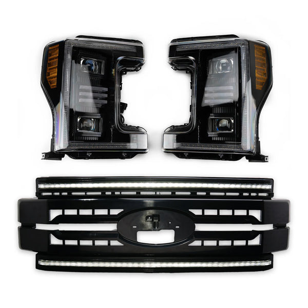 OLM Essential Series Headlight and DRL Grille 2pc Bundle - 2017-2019 Ford Super Duty F250 / F350